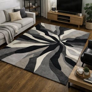 Abstract Black Gray Cream Swirl Rug, Hand Tufted Area Rug, Modern Geometric Living Room Floor Decor, Contemporary Accent Bold Design Rug Art