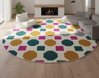 Geometric Round Rug – Hand-Tufted Wool Blend, Abstract Design.