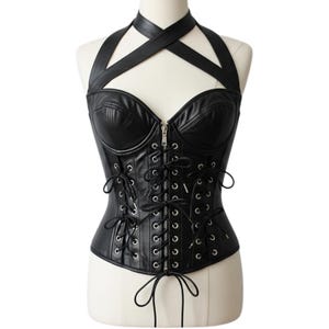 Black Leather Halter Corset: Gothic Lace-Up Boned Top
