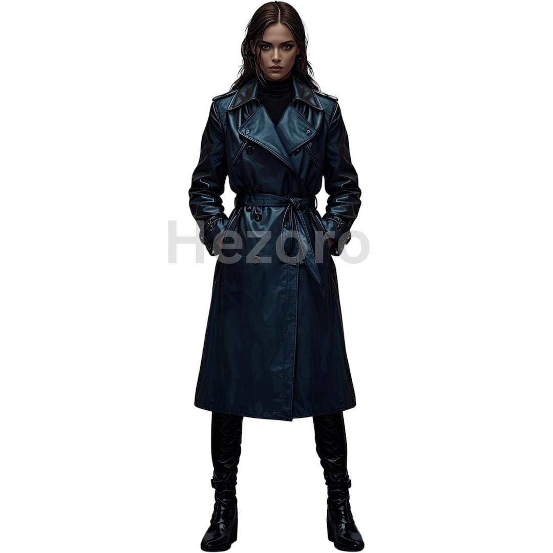 ブラックレザー トレンチコート ダブルブレスト ブラックレザートレンチコート：ダブルブレストロングラインデザイン