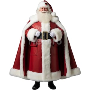 Red Leather Santa Cloak-Classic Christmas Cape with White Fur Trim -Hood Belt Genuine Leather Cosplay Robe for