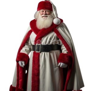 Genuine Leather Santa Cloak-White Leather Christmas Cape-Santa Style Cloak with Red Trim-Hood Buckle Belt Fantasy Cosplay Robe