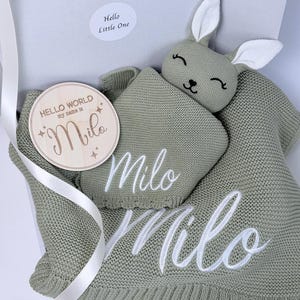 Personalized Baby Gift Box, Knitted Blanket, Bunny Lovey, Name Sign