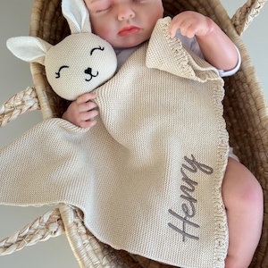 May include: A beige knitted baby blanket with the name "Henry" embroidered on it. The blanket has a decorative border and is paired with a matching bunny-shaped plush toy. The items are in a woven basket.