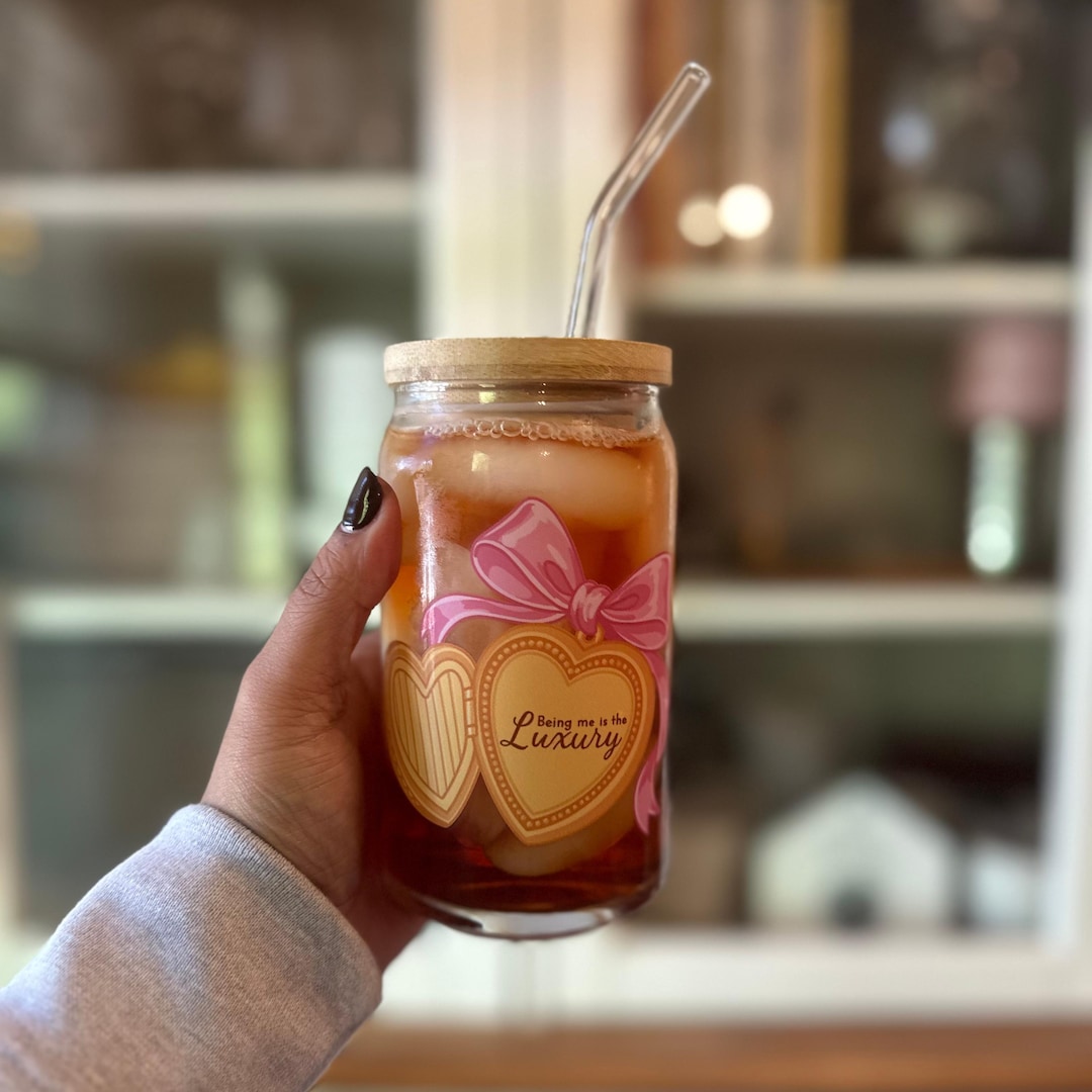 Coquette Iced Coffee Cup | Pink Bow Glass Can With Bamboo Lid & Straw ...
