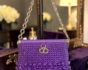 Bolso de hombro Magid vintage italiano de rafia morada con cadena dorada, bolso de mano texturizado tejido llamativo, color violeta orquídea, bolso de boutique.