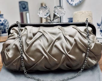 Vintage Champagne Satin Evening Bag Oversized Crystal Clasp Rare Sondra Roberts