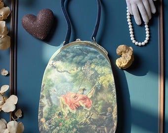Bolso de noche vintage de satén Tano Madrid: Fragonard "The Swing" Rococó Art Purse