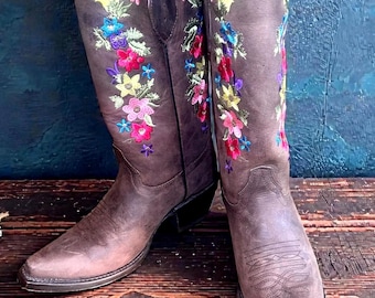 Vintage Floral Embroidered Cowboy Boots | Brown Nubuck Leather, Made in Mexico- Women's Size 8