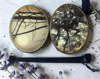 Vintage Ivan China Moon & Tree Belt Buckle Set Woodland Art Pair