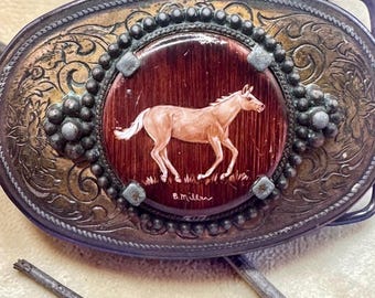 Vintage B. Miller Hand-Painted Horse Belt Buckle • Western Equestrian Art • Ornate Brass Oval Statement