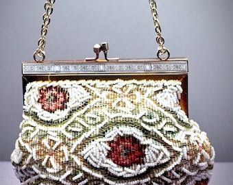 Vintage Beaded Micro Evening Bag – Rosy Floral Tapestry, Mother of Pearl Frame- Hong Kong