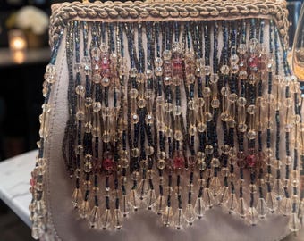 Swellegant Beaded Fringe Handbag, Champagne Satin Cocktail Purse, OOAK Statement Bag