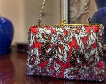 Vintage Walborg Coral Beaded Clutch Purse with Smoky Silver Bugle Beads