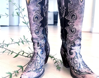 Corral Tall Snip Toe Western Boots Brown Taupe Distressed Leather Studded 8.5 16” Shaft