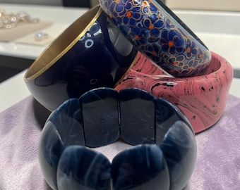 Vintage Bangle Stack Set | Hand Painted Floral Wood, Navy Enamel, Marbled Resin Bracelet