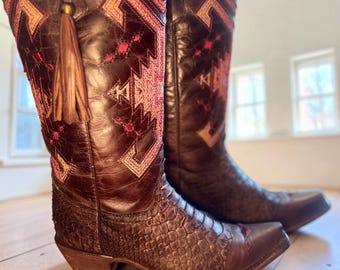 Corral Genuine Python Cowgirl Boots 7M Fringe Native Jute Inlay Southwestern Snip Toe