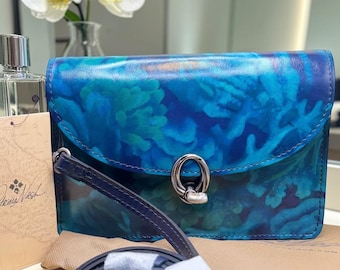 Patricia Nash Bella Crossbody – Marbled Blue Teal Leather, Twist Lock, Rare Color