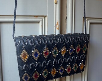 Vintage 90s Black Satin Jewel Evening Bag • Beaded Shoulder Clutch