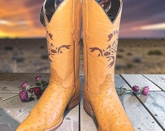 El Alacrán de Durango Genuine Ostrich Cowboy Boots Mustard Yellow Scorpion Embroidery Snip Toe MX 26.5 NWT