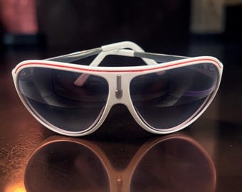 Vintage White Red Aviator Sunglasses, 80s Oversized Shield Frames NOS Racing Style