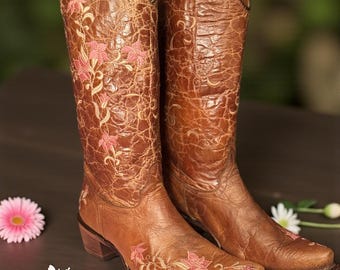 Circle G by Corral L5896 Crackle-Leather Pink Floral Cross Cowgirl Boots — Size 9.5 M
