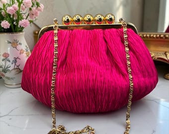 Vintage Carla Marchi Fuchsia Satin Evening Bag with Gold Sphere Clasp
