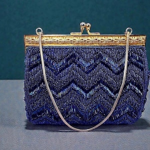 Navy Beaded Clutch Bag | Gold Filigree Frame, Iridescent Chevron Beadwork, Vintage Evening Bag