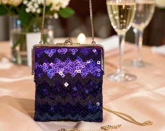 Vintage Beaded Evening Bag | Violet Chevron Sequin, Gold Frame Purse