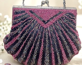 Vintage Beaded Fan Bag: Pink, Black, Iridescent Glass Seed Beads, Kiss Lock, Chain Strap