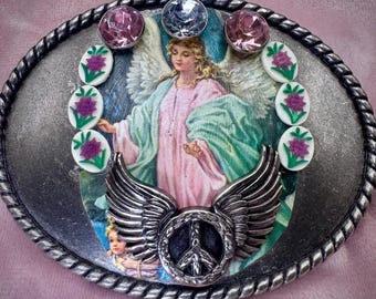Hebilla de cinturón vintage con alas de ángel de la paz / Hebilla de ensamblaje Ivan China / Arte popular romántico occidental