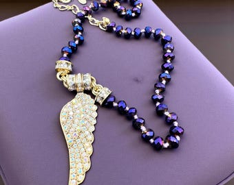 Vintage Kirks Folly Angel Wing Necklace - Goldtone Aurora Rhinestone Pendant