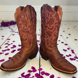 Ariat Brown Leather Western Boots Fuchsia Stitch Square Toe Cowgirl Size 6.5 B