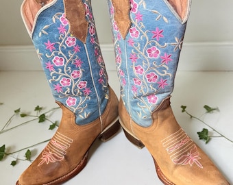 Herencia Mexico Embroidered Cowgirl Boots Blue Pink Floral Leather Western Size 7