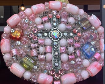 Vintage Beaded Cross Belt Buckle — Pink Glass Mosaic — 1995 Mark — One-of-a-Kind Statement Buckle