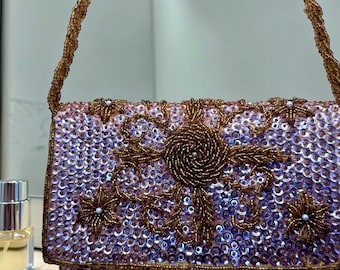 Vintage Beaded Evening Bag: Pink, Rose Gold, Bronze Floral Shoulder Bag