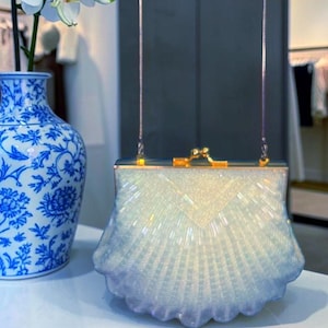 Vintage Valerie Stevens Soft Icy Green Beaded Shell Clutch Crossbody | Structured Evening Bag | Rare Color