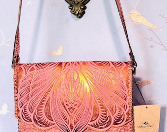 Patricia Nash Santillana NWT Rose Gold Pink Tooled Leather Crossbody Bag Rare + Dust Bag