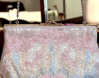Bolso vintage Valerie Stevens con cuentas, color crema pastel, rosa y azul iridiscente, bolso de noche estilo Art Déco.