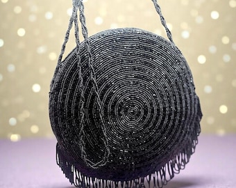 Vintage La Regale Beaded Crossbody Bag – Black Seed Bead Evening Bag
