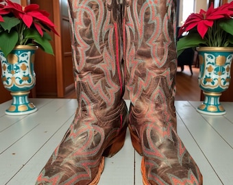 Anderson Bean Brown Cowgirl Boots: Turquoise and Red stitching 9M