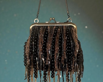 Vintage Sasha New York Black and Bronze Beaded Fringe Evening Bag NWT Rare
