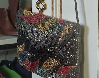 Vintage Beaded Evening Bag – Art Deco Multicolor Clutch Crossbody