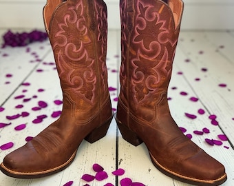 Ariat Brown Leather Western Boots Fuchsia Stitch Square Toe Cowgirl Size 6.5 B