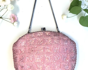 Vintage Pink Beaded Evening Bag – Quilted Satin, Iridescent Sequin Clutch, Small Formal Purse.