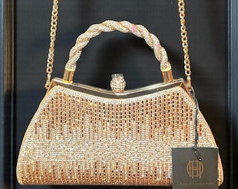 House of Harlow 1960 Champagne Rhinestone Evening Bag – Braided Crystal Handle, Gold Chain, AZ9146