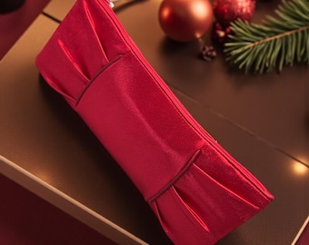 Vintage La Regale Red Satin Evening Clutch — Bow Front • Sleek & Longline