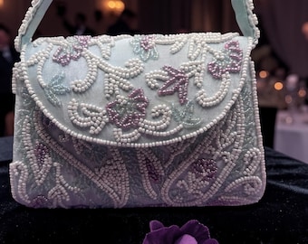 Moyna Hand-Beaded Mini Bag • Green Floral Evening Bag • Bridal Formal Occasion