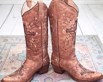 Vintage Circle G Corral Cowboy Boots 7.5 Brown Embroidered Cross Western Leather Women