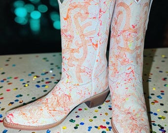 Corral Boots 5.5 Youth Fits Women’s 7.5 Ivory Bright Paint Splatter Western Cowboy Boots Festival Rodeo